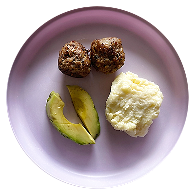 Lamb meatballs with quinoa, mashed potatoes, and avocado