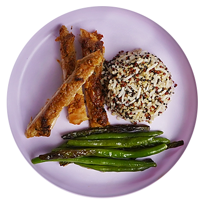 Pollo miso con arroz, quinoa, y habichuelas
