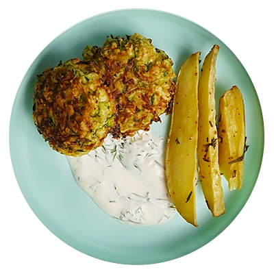 Zucchini fritters and baked potato wedges
