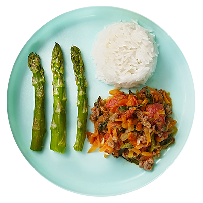 Bolognese with a Side of Rice and Asparagus