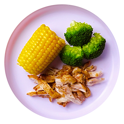 Chicken, corn, and broccoli