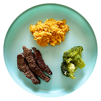 Steak strips with broccoli and sweet potato pure