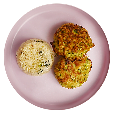 Zucchini fritters with lime cilantro rice