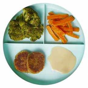 Chickpea Fritters with Sweet Potato Fries and Broccoli