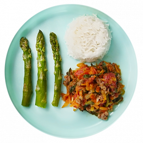 Bolognese with a Side of Rice and Asparagus