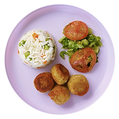 Chickpea bites with veggie rice and salad