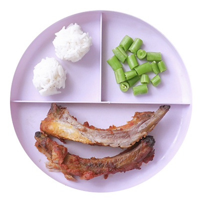 Pork spare ribs, rice, and veggies