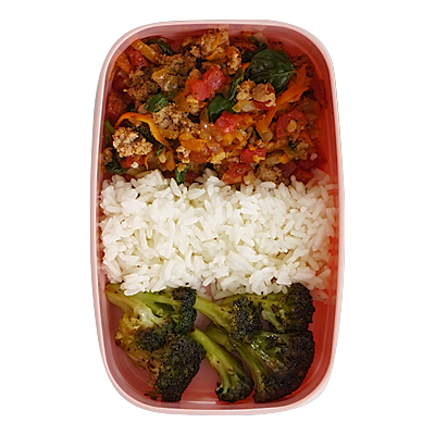 Guisado, arroz, y brócoli