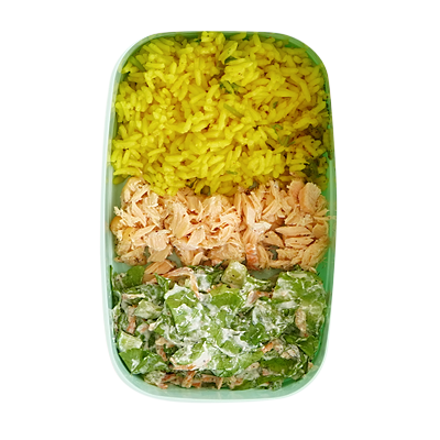 Baked Salmon, Rice, and Salad