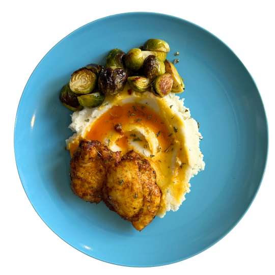 Roast Chicken, Mashed Potatoes, and Brussel Sprouts