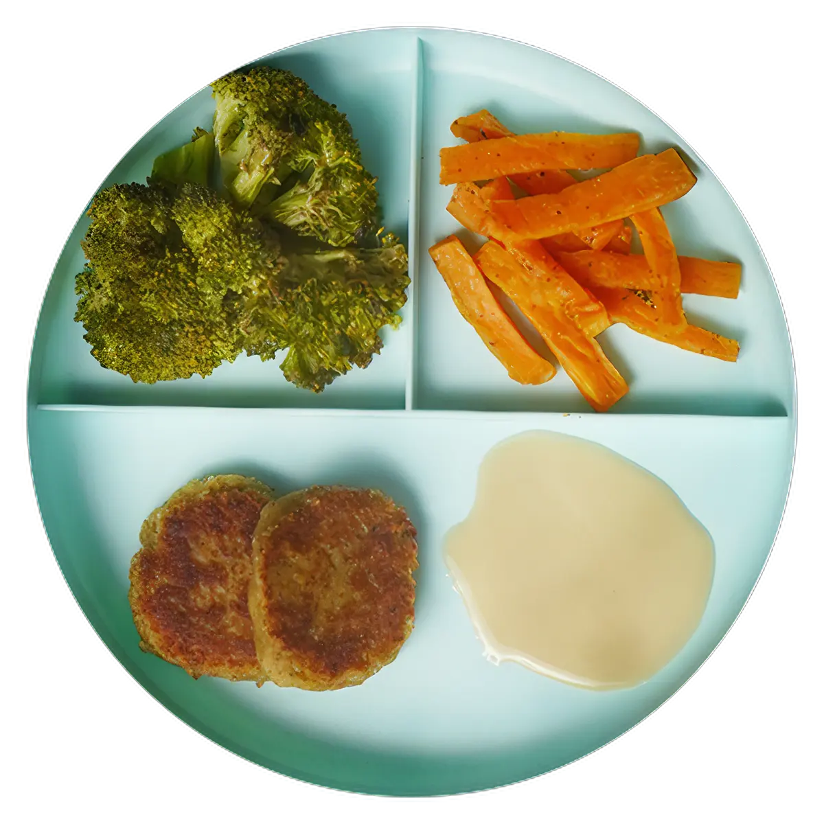 Chickpea Fritters with Sweet Potato Fries and Broccoli