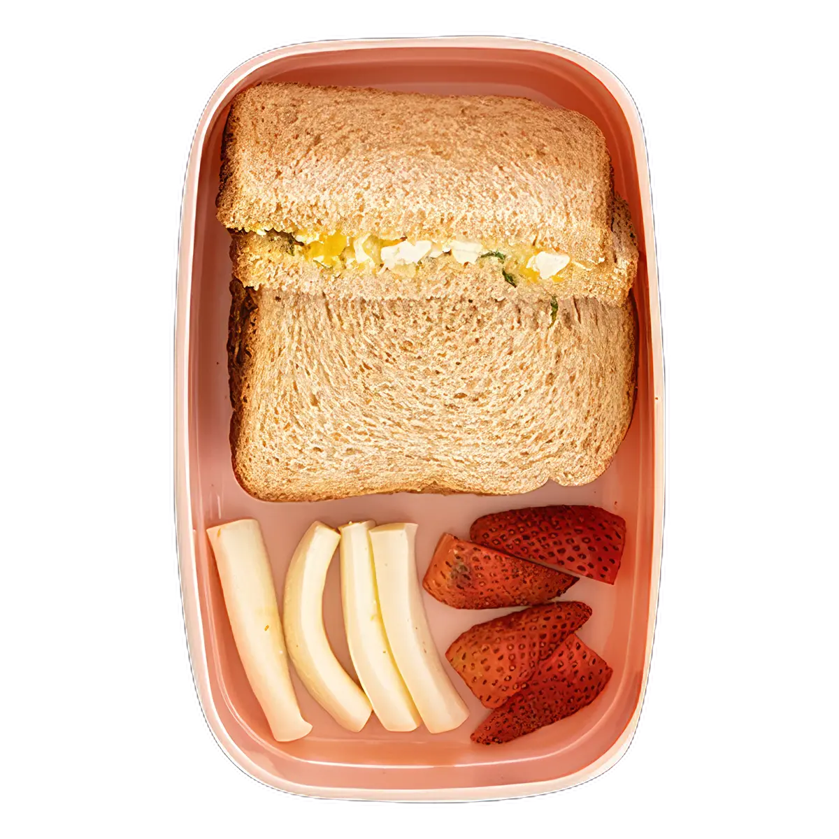 Sándwich de huevo, fresas, y palitos de queso