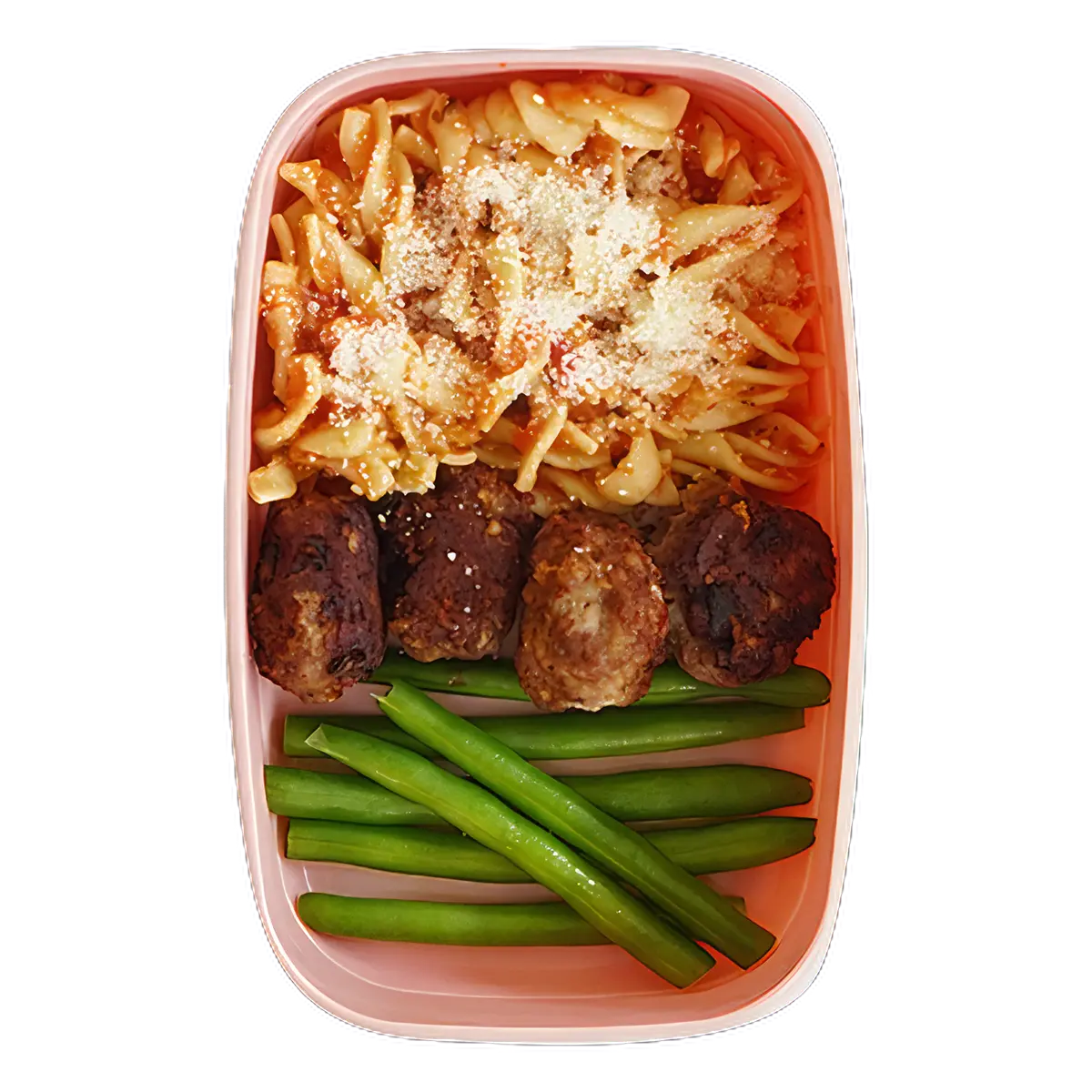 Pasta con albóndigas y habichuelas