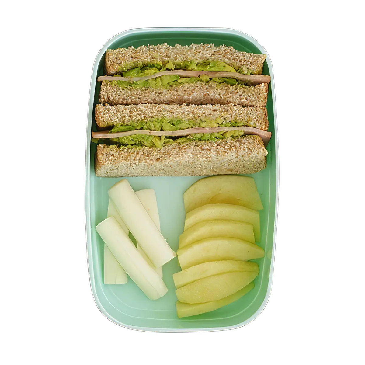 Sándwich de pavo y aguacate con palitos de mozzarella y manzana