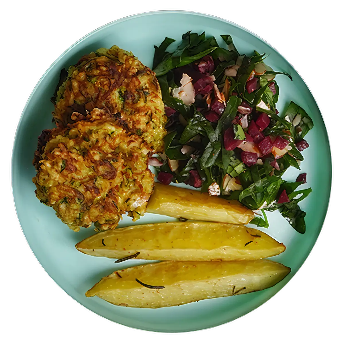 Tortitas de zucchini con ensalada y papa horneada