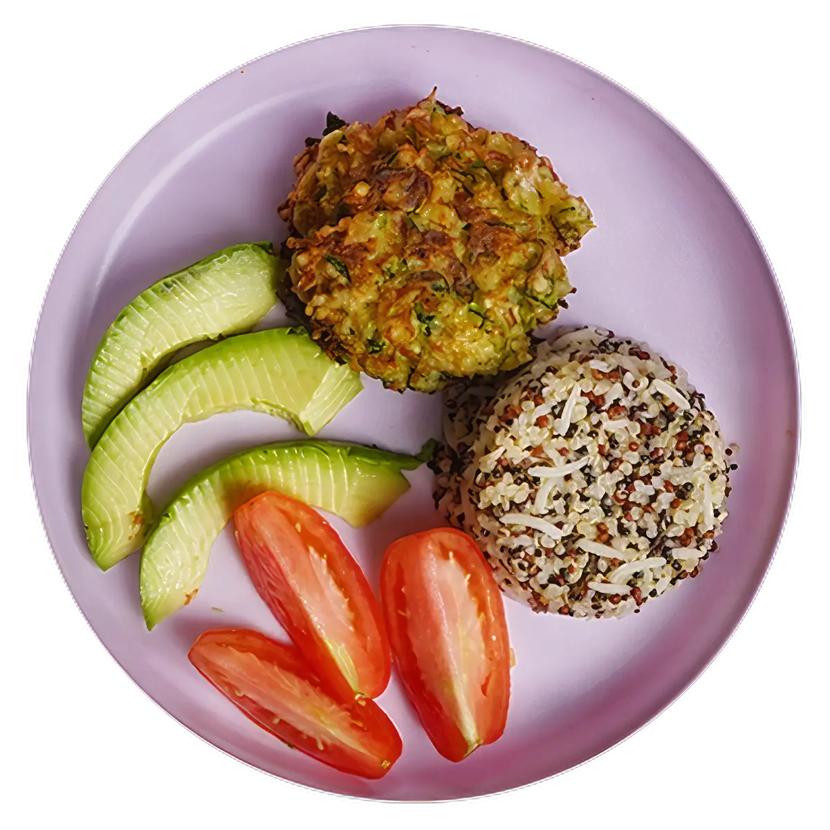 Tortitas de zucchini con arroz, quinoa, y vegetales