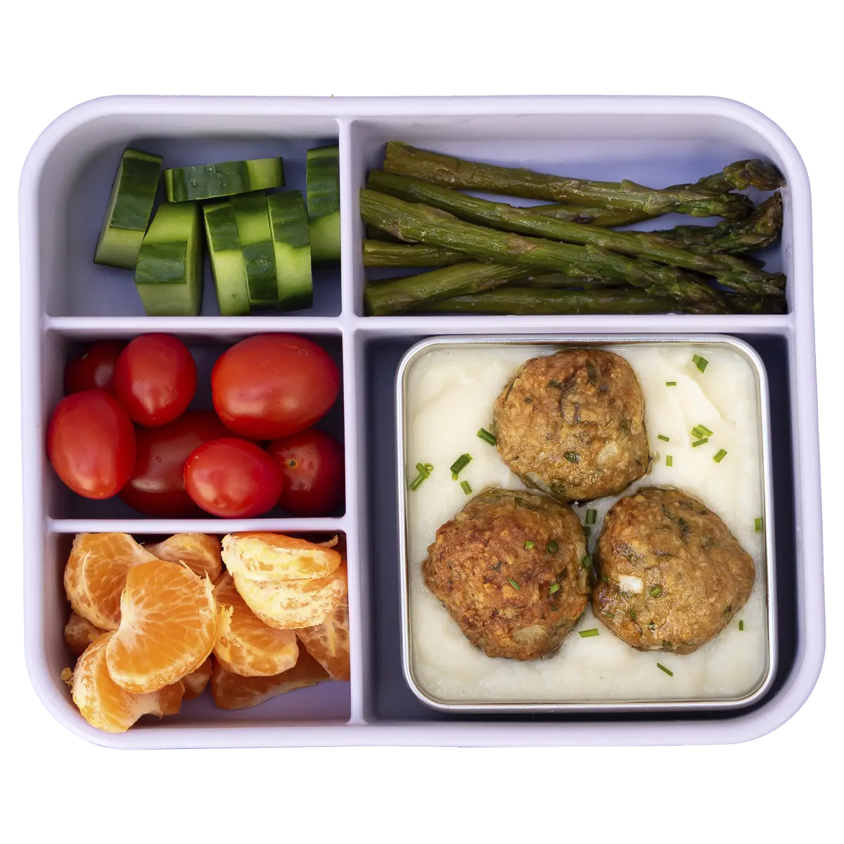 Baked Turkey Meatball Lunchbox with Cauliflower Purée and Asparagus